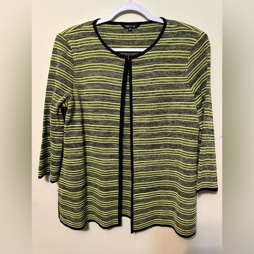 Misook Stripe‎ Gray Lime Green Knit Cardigan Sweater Size Medium Career